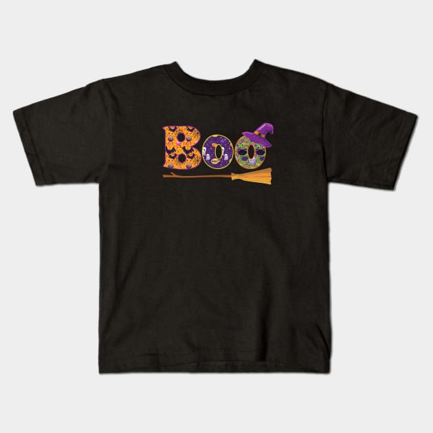 Boo Halloween Witch Hat & Broom Kids T-Shirt by FruitflyPie